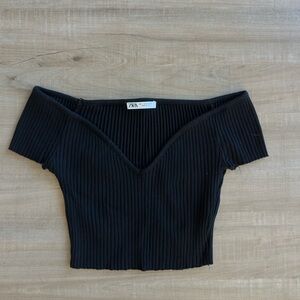 Zara Black Ribbed Off-Shoulder Crop Top